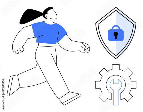 Confident woman walking forward, security shield with lock, gear with wrench inside. Ideal for security, privacy, empowerment, maintenance, technology progress and stability concepts. Abstract line