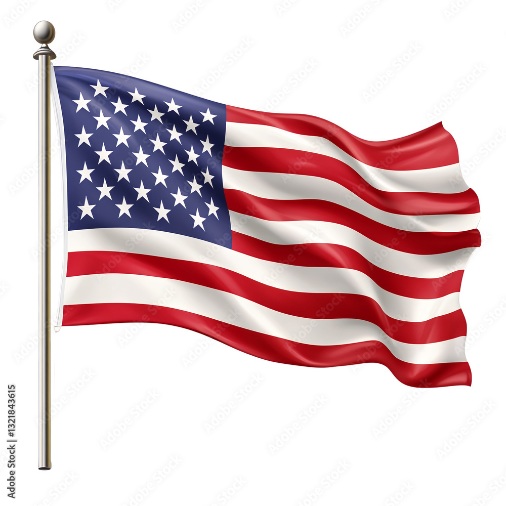 Fototapeta premium The American flag is waving on a silver pole with a ball at the top.