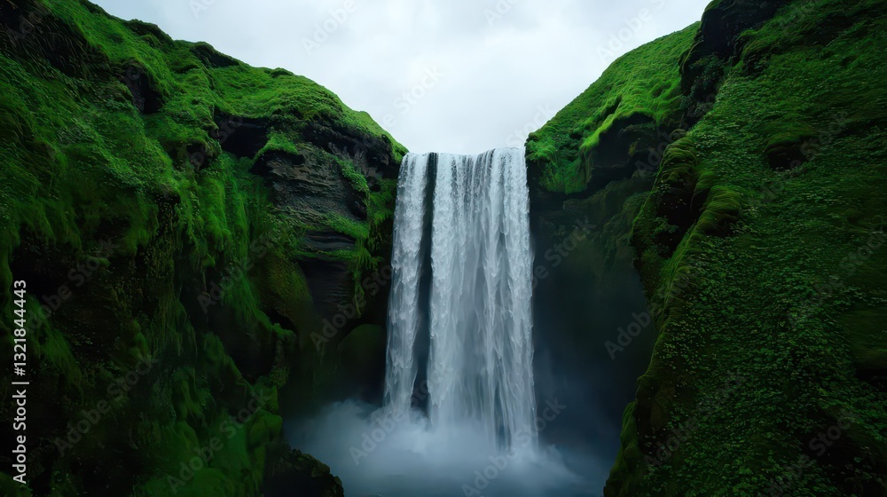 Naklejka premium Mystical Icelandic waterfall surrounded by lush green cliffs, glowing mist adding a magical touch