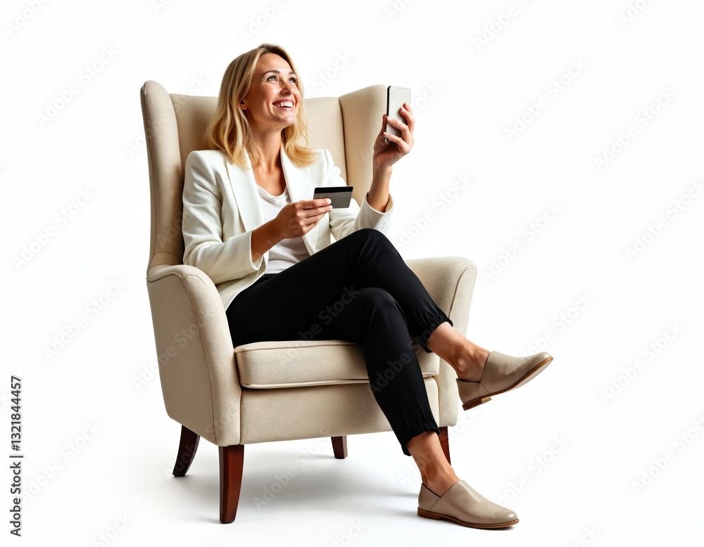 Dreamy young woman with credit card makes order. Blonde businesswoman against transparent background makes purchase holding phone, sits in chair. Online shopping, e-commerce, successful financial Dreamy young woman with credit card makes order. Blonde businesswoman against transparent background makes purchase holding phone, sits in chair. Online shopping, e-commerce, successful financial