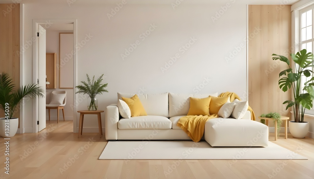 A cream-colored sofa with white pillows and a yellow blanket, a wooden side table with a vase, and a small wooden table in a minimalist living room A cream-colored sofa with white pillows and a yellow blanket, a wooden side table with a vase, and a small wooden table in a minimalist living room