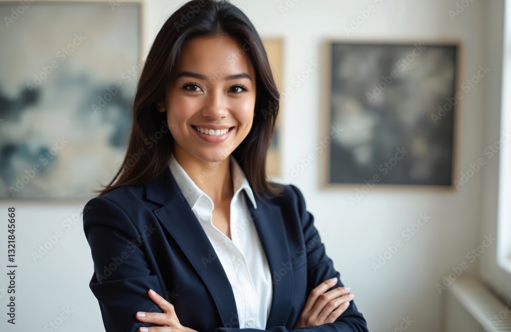 Portrait of happy young business woman with arms crossed. Latin Indian ethnicity. Adult entrepreneur smiles confidently, wears formal suit, white shirt. Leadership concept. Success in business career. Portrait of happy young business woman with arms crossed. Latin Indian ethnicity. Adult entrepreneur smiles confidently, wears formal suit, white shirt. Leadership concept. Success in business career.