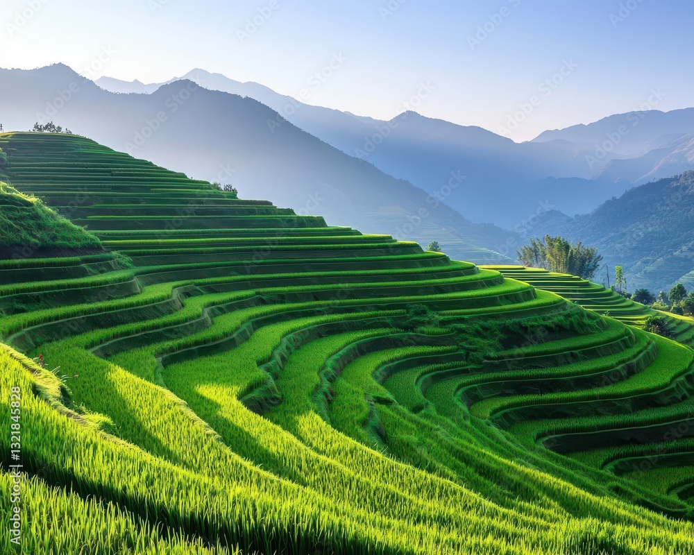 Mesmerizing rice terraces in a misty mountain valley, early morning light creating a mystical effect Mesmerizing rice terraces in a misty mountain valley, early morning light creating a mystical effect
