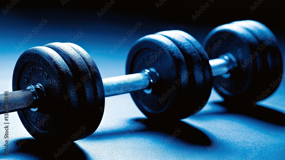 Dumbbells on blue floor, fitness workout, gym equipment, exercise Dumbbells on blue floor, fitness workout, gym equipment, exercise