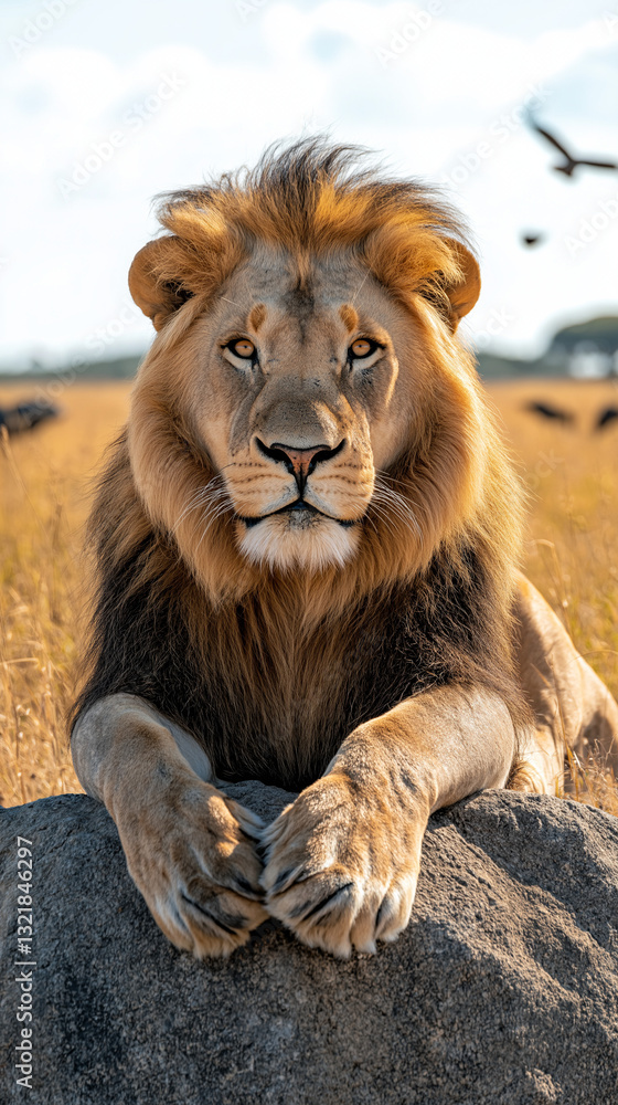 Majestic male lion rests on a rock, golden hour light illuminating his mane. Majestic male lion rests on a rock, golden hour light illuminating his mane.