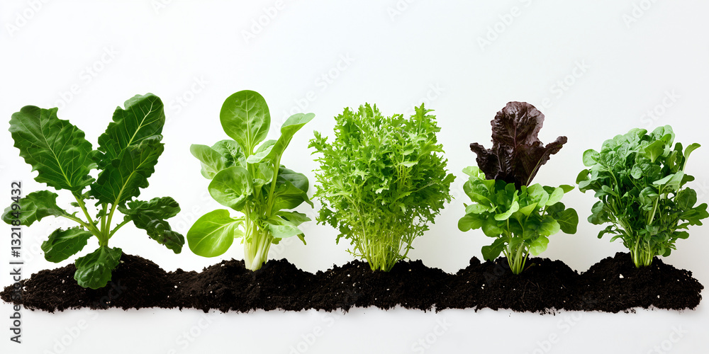 Obraz premium Green Garden Bounty: An overhead perspective showcases a thriving garden bed, where a diverse array of fresh green plants flourishes in fertile soil, embodying growth and vitality.