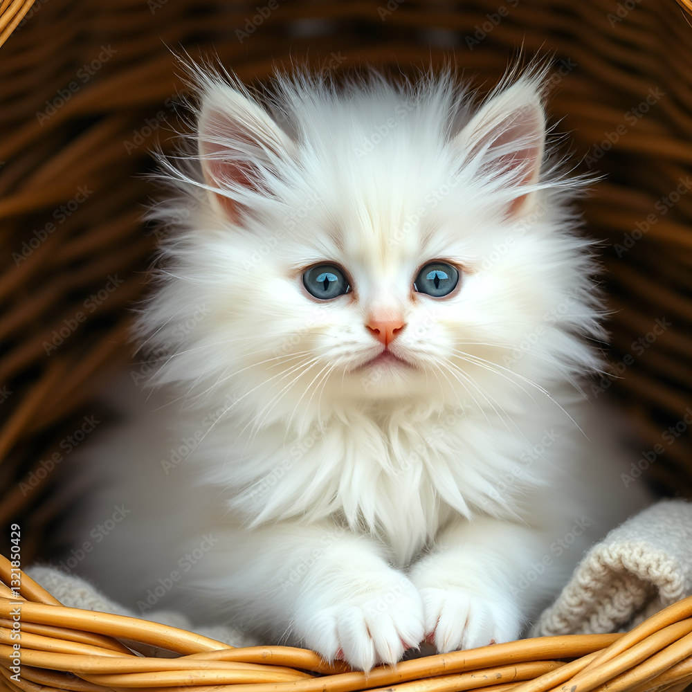White fluffy kitten in a basket White fluffy kitten in a basket