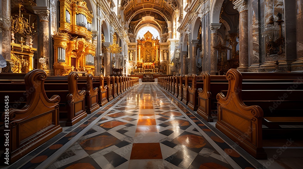 Fototapeta premium Magnificent Interior of a Baroque Church: Golden Altar and Wooden Pews