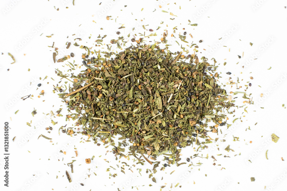 Culinary savory dried herb seasoning on white background top view. Culinary savory dried herb seasoning on white background top view.