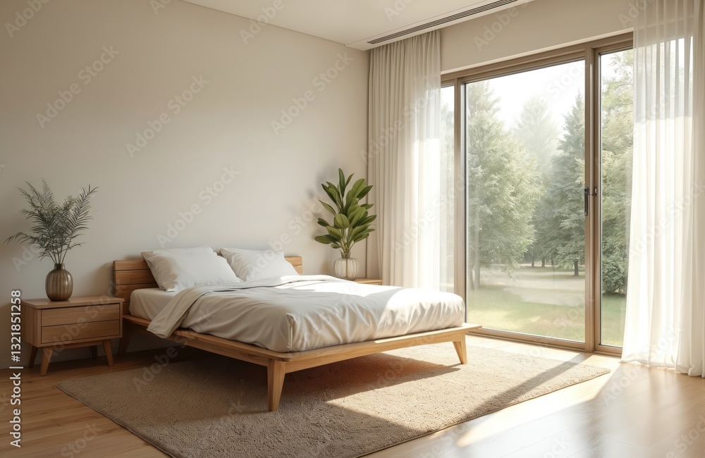 Modern bedroom with minimalist design and decoration. Wood bed frame with white bedclothes, rug. Large window overlooking garden with trees. Interior features plant pot, stylish bedside table. Modern bedroom with minimalist design and decoration. Wood bed frame with white bedclothes, rug. Large window overlooking garden with trees. Interior features plant pot, stylish bedside table.