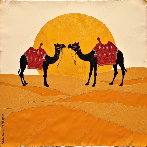 Silhouetted Desert Camels with Golden Sunset