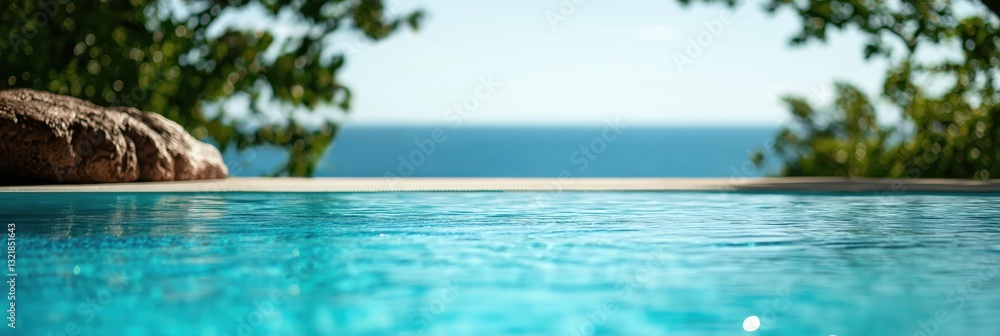 Fototapeta premium A tranquil swimming pool overlooking a serene ocean, inviting relaxation and leisure, perfectly blending water elements with natural coastal beauty under bright sunlight.