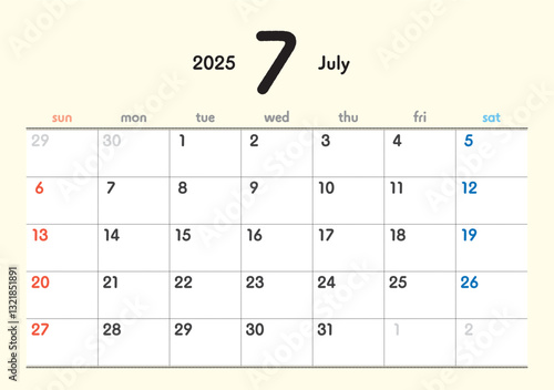 2025年カレンダー7月