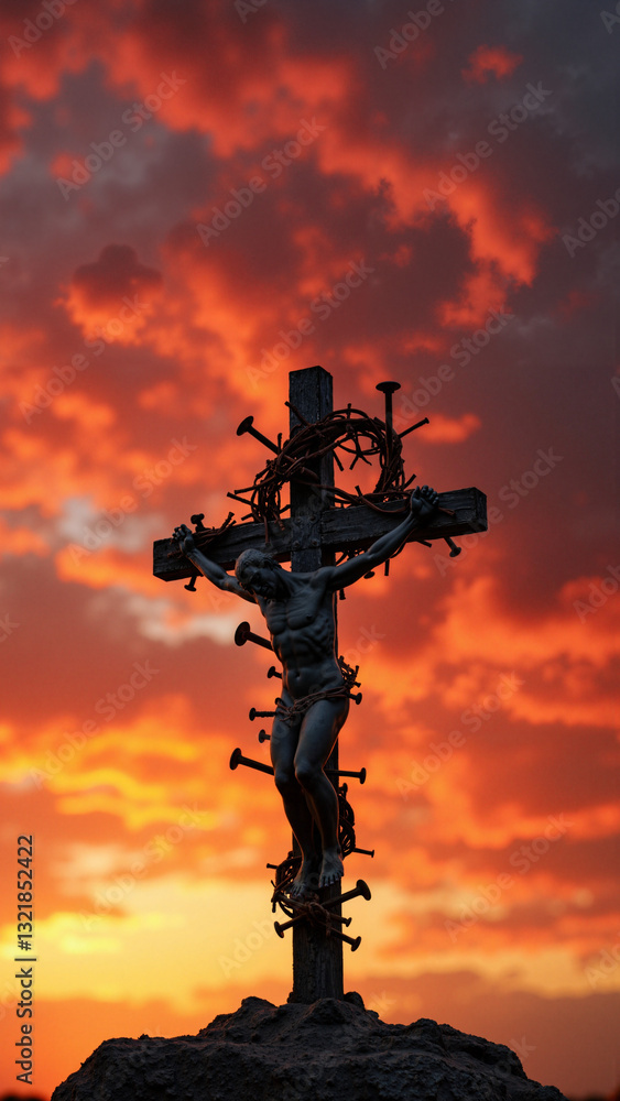 Symbolic Cross with Crown of Thorns at Sunset - Ideal for Religious Materials, Easter Promotions, and Spiritual Reflections Symbolic Cross with Crown of Thorns at Sunset - Ideal for Religious Materials, Easter Promotions, and Spiritual Reflections