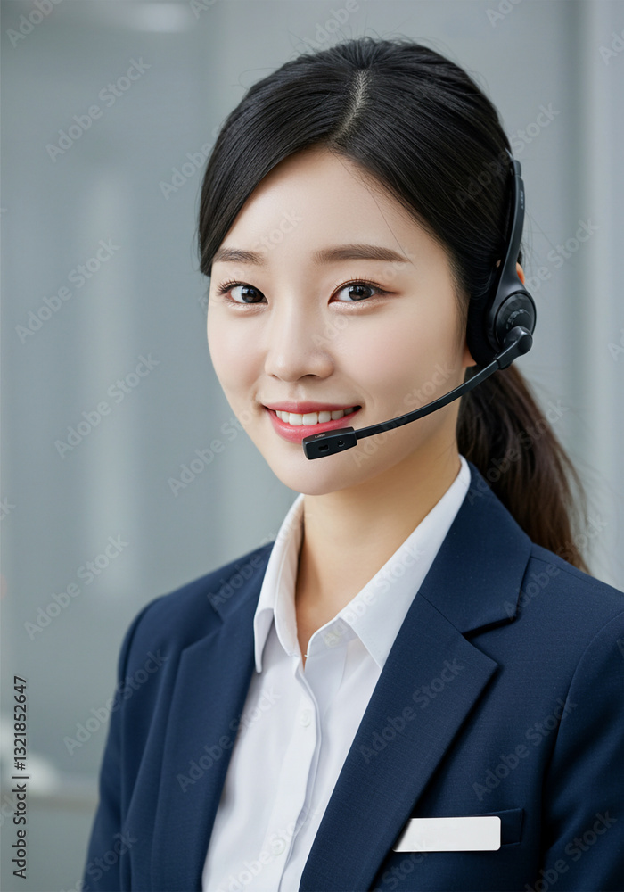 Beautiful young Asian woman using microphone as Customer service or public service operator in company Beautiful young Asian woman using microphone as Customer service or public service operator in company