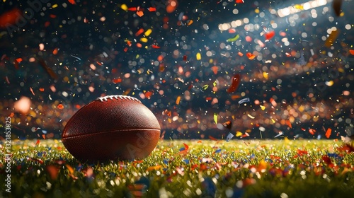 Celebratory stadium scene with american football and colorful confetti