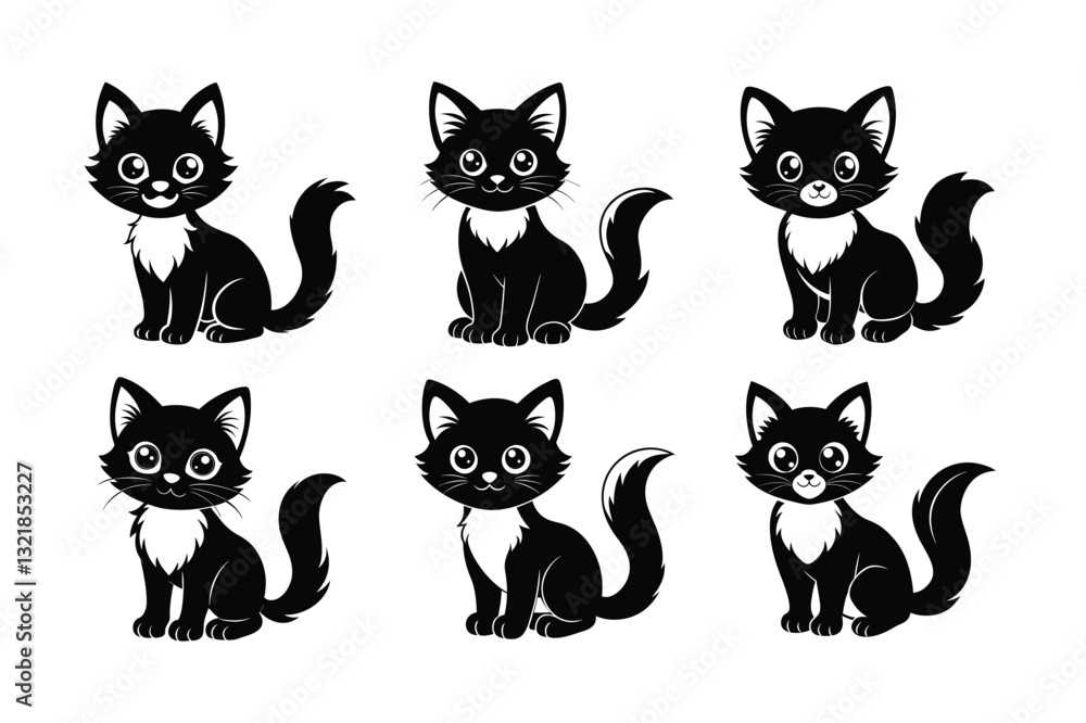 set of Cute Black and White Fluffy Kitten Vector set of Cute Black and White Fluffy Kitten Vector
