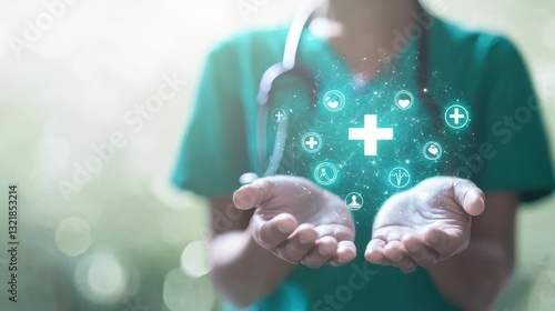 Healthcare innovation event showcasing medical solutions hospital setting digital content professional environment close-up view