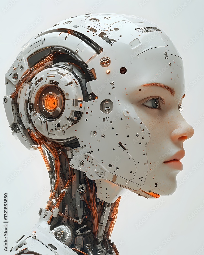 Fototapeta premium Portrait of a man-robot hybrid, blending organic and mechanical elements. This futuristic image embodies the fusion of technology and humanity, ideal for cyberpunk media, AI, and biomechanics topics.