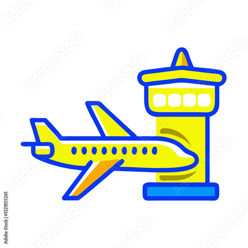 Airport icon with yellow airplane and tower, travel concept