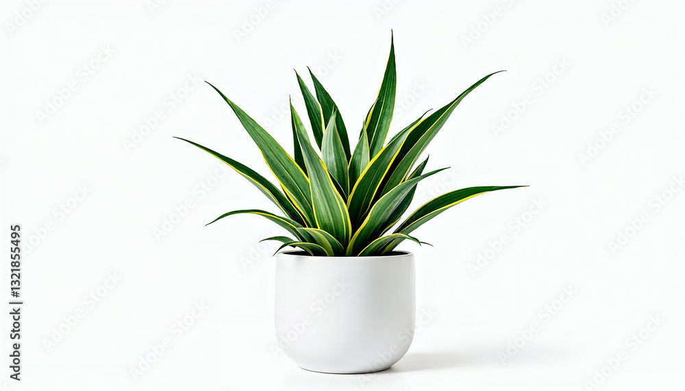 A full shot of a plant in a white pot, set against a white background. The plant has long, slender leaves that are green with yellow stripes A full shot of a plant in a white pot, set against a white background. The plant has long, slender leaves that are green with yellow stripes