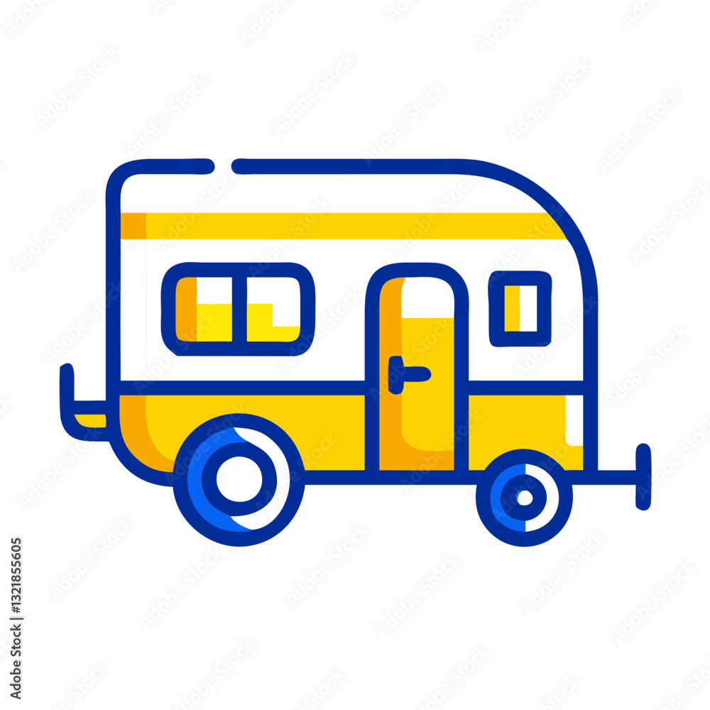 Caravan icon in bright yellow and blue, travel adventure concept Caravan icon in bright yellow and blue, travel adventure concept