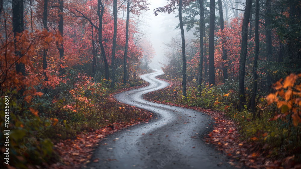 Obraz premium A winding path through a misty forest, surrounded by vibrant autumn foliage and a serene, tranquil atmosphere.
