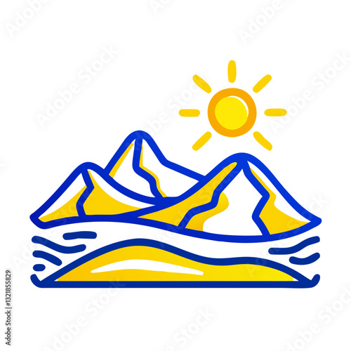 Sunny desert icon with mountains and waves, natural beauty concept