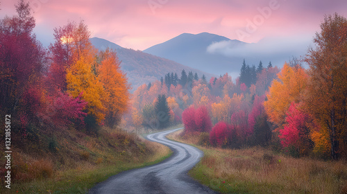 A winding road meanders through vibrant autumn trees, leading towards misty mountains under a colorful sky at dawn.