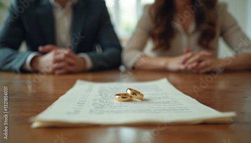 Close up shot of wedding rings lying on divorce papers with blurred couple background. Marital property division. Concept of legal separation, asset split, broken relationship.