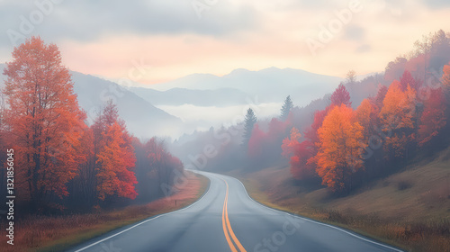 A winding road bordered by vibrant autumn trees, set against a misty landscape, evokes a serene fall atmosphere.