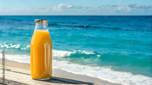 bottle of orange slice juice on the beach