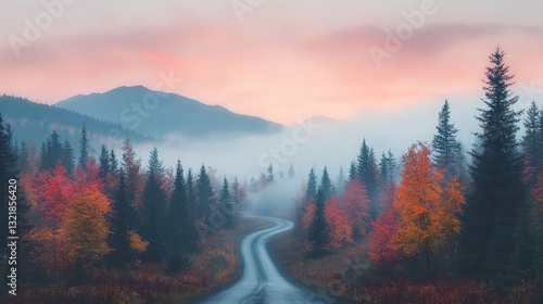 A serene winding road meanders through vibrant fall foliage and misty mountains, creating a picturesque autumn landscape at dawn.