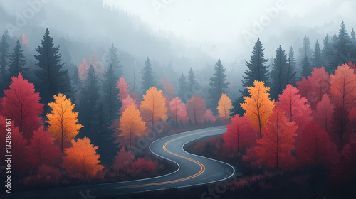 A winding road through misty forests adorned with vibrant autumn foliage in shades of orange and yellow.