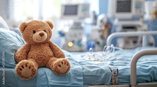 Caring gesture teddy bear comforts child in hospital room heartwarming scene emotional environment close-up view