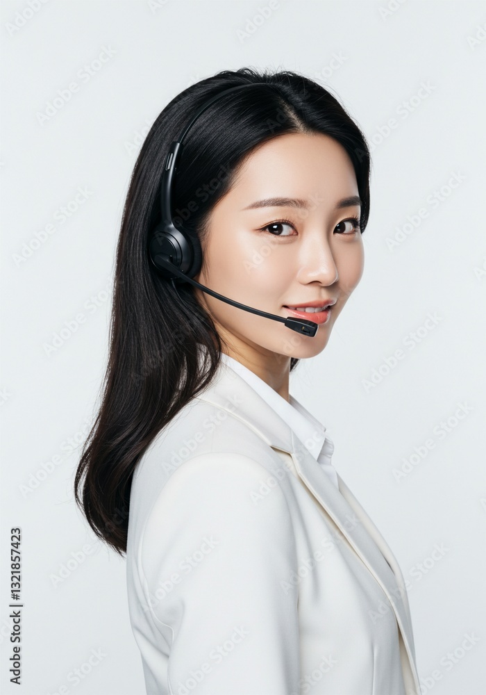 Beautiful young Asian woman using microphone as Customer service or public service operator in company Beautiful young Asian woman using microphone as Customer service or public service operator in company