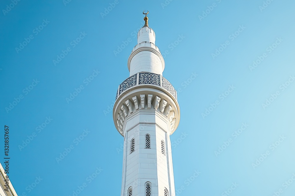 White Mosque Minaret against clear blue sky White Mosque Minaret against clear blue sky