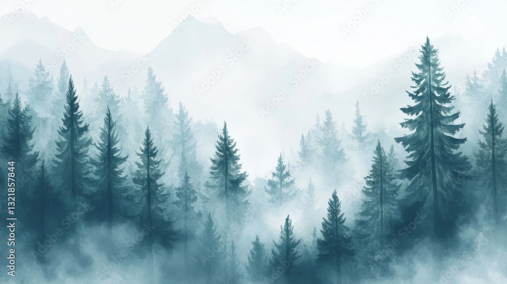Fototapeta premium A misty mountain forest landscape with tall evergreen trees present