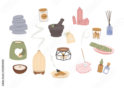 Hand drawn aroma diffuser set . Aromatherapy collection. Aroma candles, fragrance essential oil bottles, salt lamp to calm the body. Relaxation and spa items. For poster invitation flyer banner