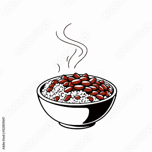 black outline vector of a steaming bowl of red beans and rice, highlighting Southern and Cajun cuisine