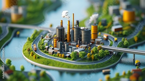 A vibrant miniature industrial complex surrounded by water and greenery, showcasing smokestacks and colorful structures in a scenic setting.
