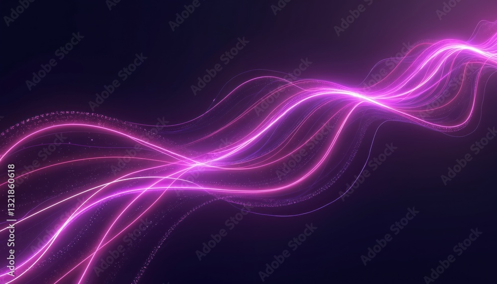 Obraz premium Violet glowing neon lines create abstract tech background. Stripes on dark surface, vibrant curves with light effect, aglow futuristic digital wallpaper, laser ray geometric shapes in science fiction