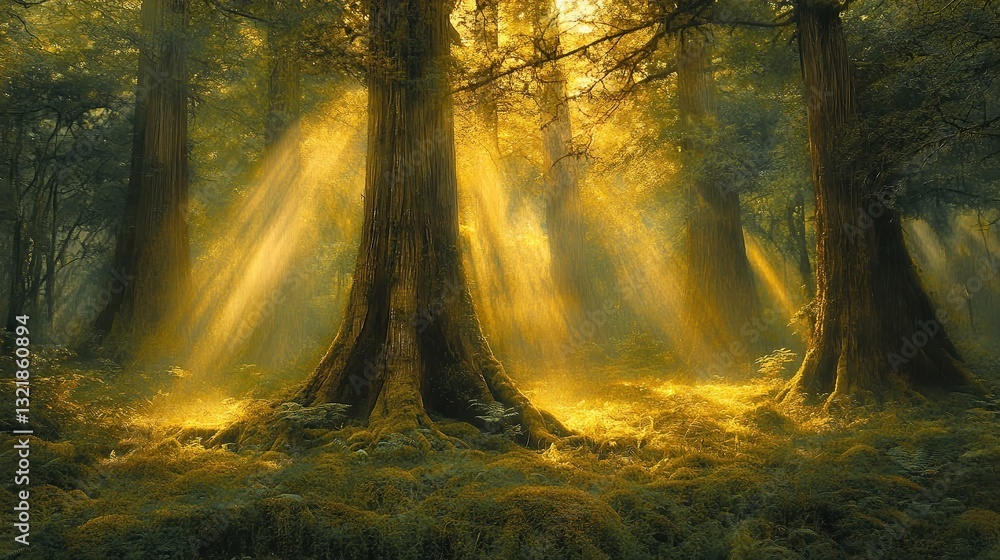 Fototapeta premium Majestic forest illuminated by golden sunlight streaming through tall trees, creating a mystical, serene, and peaceful atmosphere in nature.