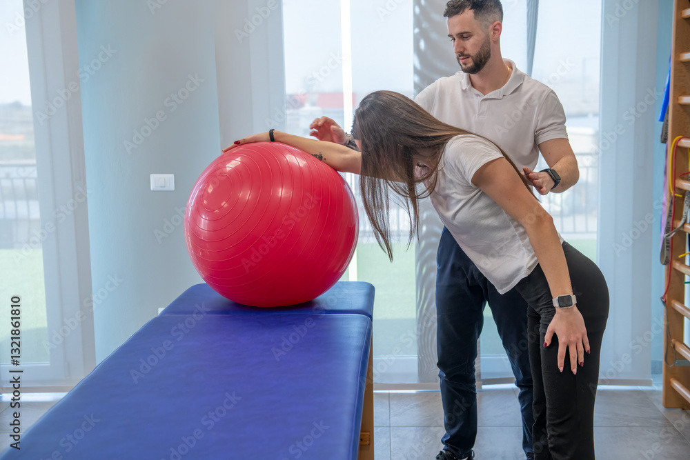 Rehabilitation session with back therapy exercises for a girl in a medical clinic