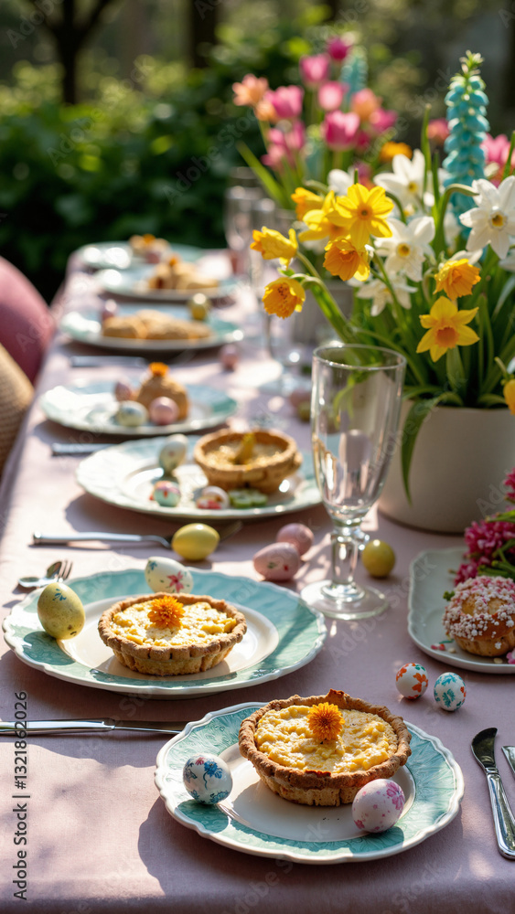 Vibrant Osterbrunch: Elegant Outdoor Dining Table with Easter Dishes for Spring Celebrations and Family Gatherings Vibrant Osterbrunch: Elegant Outdoor Dining Table with Easter Dishes for Spring Celebrations and Family Gatherings
