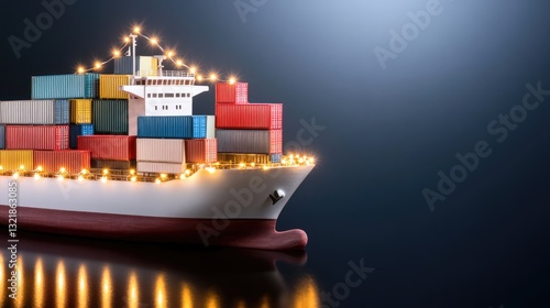 Cargo ship decorated with lights, dark background, model