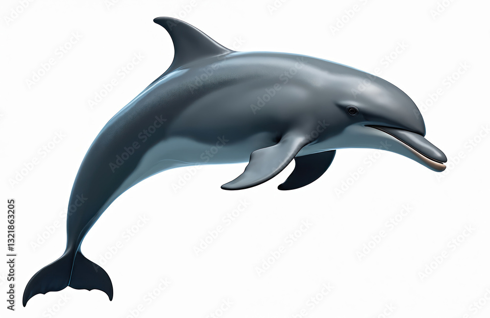 Obraz premium Isolated dolphin on white background. Marine mammal with smooth grey skin. Swimming sea animal poses, showing elegant curves, fins. Aquatic creature cutout for logo, icon design, educational purposes.