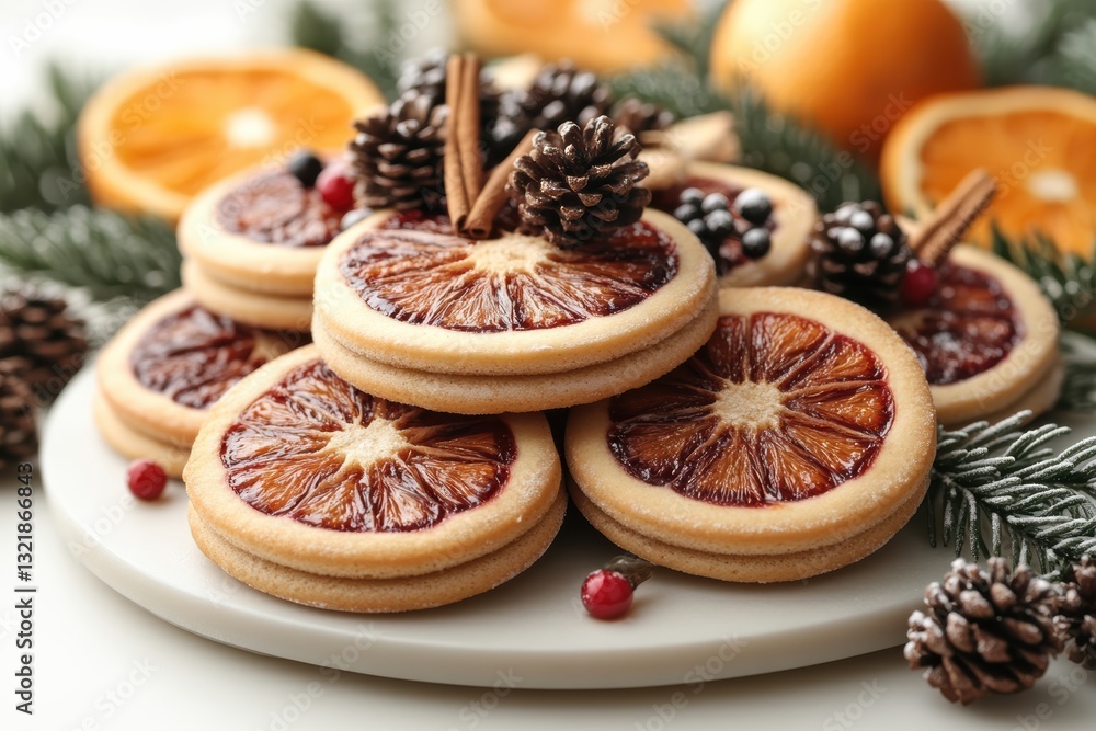 A beautiful arrangement of decorated cookies featuring dried orange slices, pinecones, and festive foliage, perfect for a holiday celebration. A beautiful arrangement of decorated cookies featuring dried orange slices, pinecones, and festive foliage, perfect for a holiday celebration.