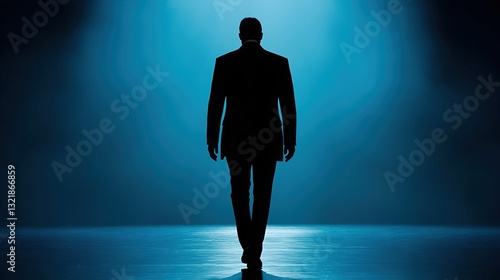 Man in Suit Walking into Bright Spotlight on a Dark Stage