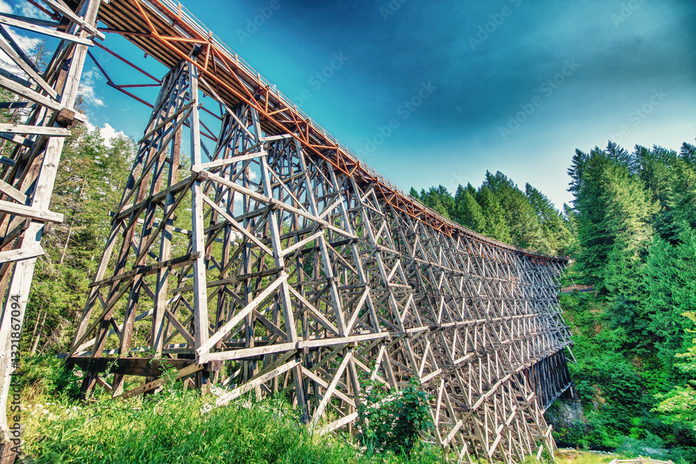 View of restored historic railroad bridge Kinsol Trestle (Koksilah River Trestle) made of wooden boards - Vancouver Island.
